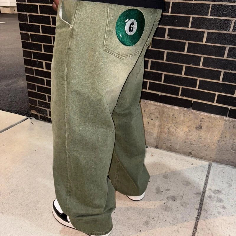 Y2K Street Matcha Denim Jeans Pocket Green 6 Ball Embroidery Denim Pants London High Street Trend Streetwear Unisex Baggy Jeans
