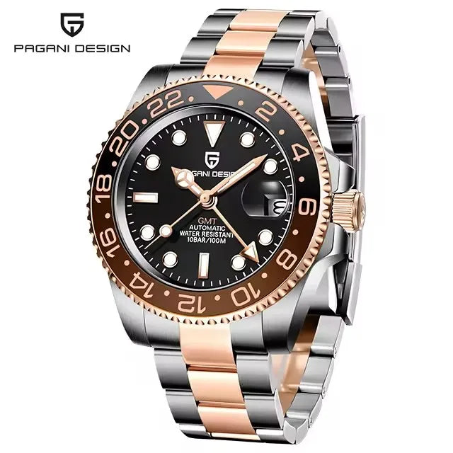 PAGANI DESIGN 40MM Black Gray Dual Tone Automatic Mechanical GMT WATCH Sapphire Glass Stainle Steel Sports luminous Watches men