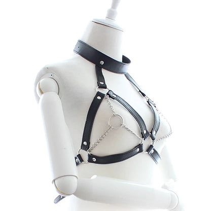 BDSM Alternative Training Sexy Black Leather Collar, nipple clamps, waist binder, and bralette