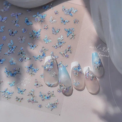 Shiny Jelly Butterfly Charming Golden Gradient Bowknot 5D Self Adhesive Nail Art Sticker Flower Petal Rhinestone Manicure Decals