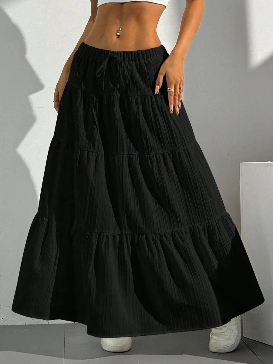 European and American Cross-Border New Style Wish Spring and Summer Women's Skirts, Tie-Strap Spliced Flared Skirts, Loose Long