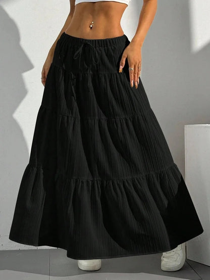 European and American Cross-Border New Style Wish Spring and Summer Women's Skirts, Tie-Strap Spliced Flared Skirts, Loose Long