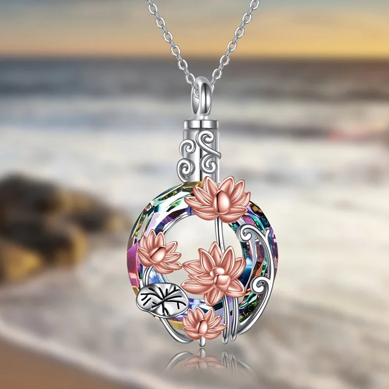 1PCS Lotus Crystal Urn Necklaces For Pet Ashes Container Round Cremation Keepsake Jewelry For Pet Memorial Women Necklace