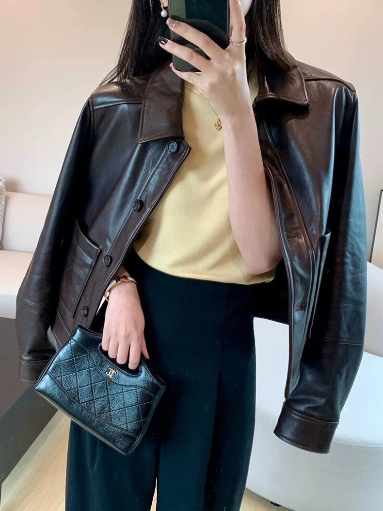 British Style Lapel Genuine Leather Jackets for Women Fashion Single-breasted Pockets Female Brown Casual Short Sheepskin Jacket