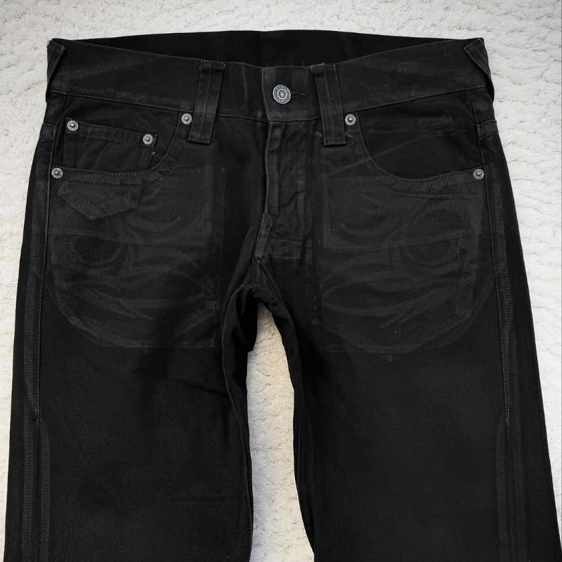 Vintage X Ray Waxing Tribal Embroidery Men's Flared Jeans Gothic High Street Unisex Punk Slim Fit Jeans Y2K Baggy Flared Jeans