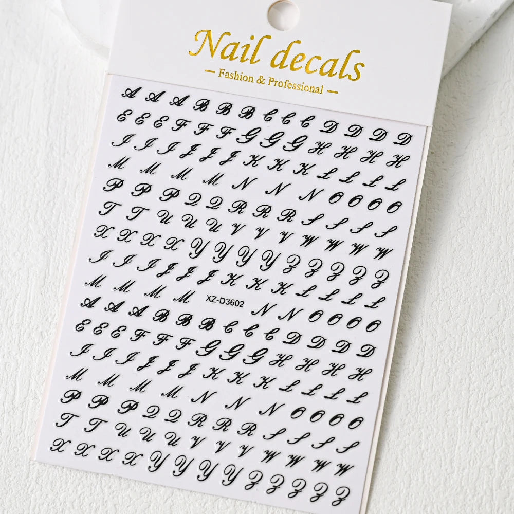 1Pc 3D Roman Letter Nail Stickers Gold/Silver/Black/Laser Alphabet Self Adhesive Decal Y2K English Words/Number Manicure Sliders