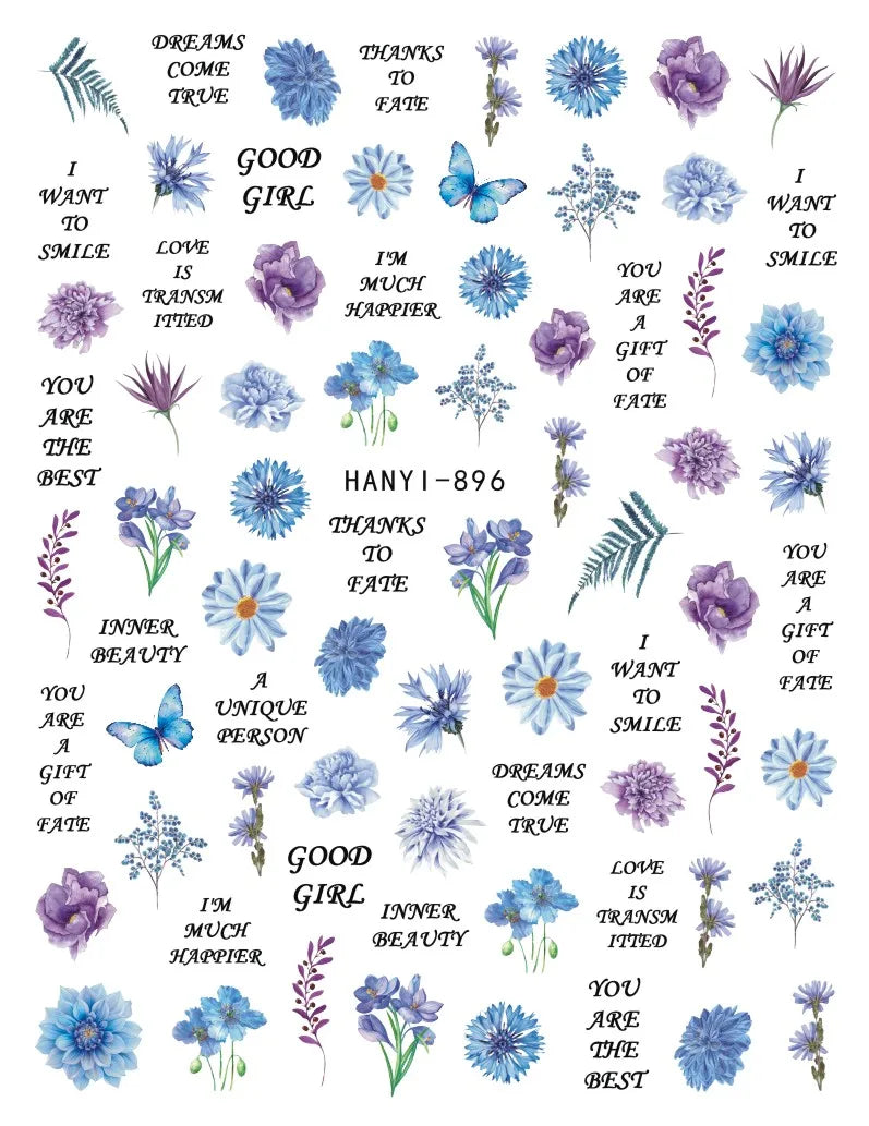 3d Nail Art Decals Spring Booming Violets Lavenders Purple Blue Pink Flowers Butterflys Stickers Decoration For Nail Tips Beauty