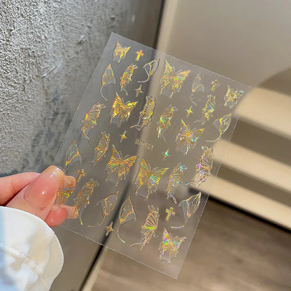 Pink Purple Aurora Shell Butterfly Nail Stickers Shiny Laser 3D Butterflies Nail Decals 8*10cm Adhesive Aurora Shell Butterfly N