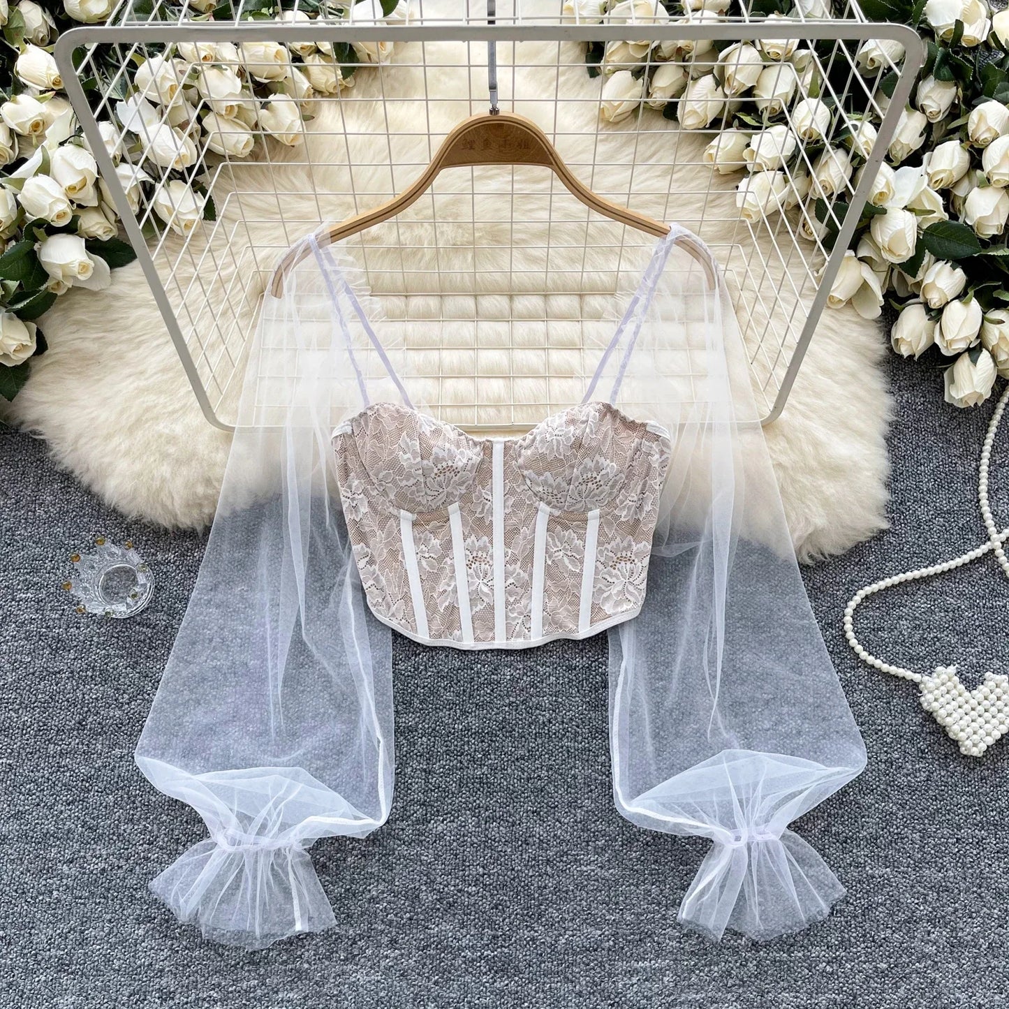 Women Chic Lace Mesh Sheer  Long Sleeve Backless Crop Top Solid Slim Sexy Korean Fashion Summer Women Shirt Square Collar