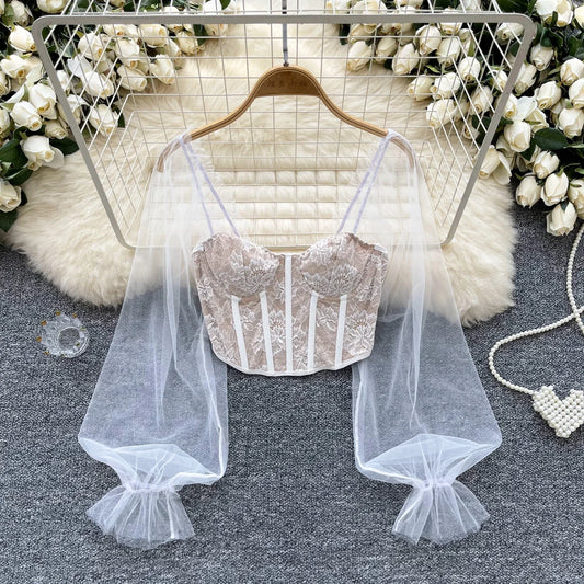 Women Chic Lace Mesh Sheer  Long Sleeve Backless Crop Top Solid Slim Sexy Korean Fashion Summer Women Shirt Square Collar