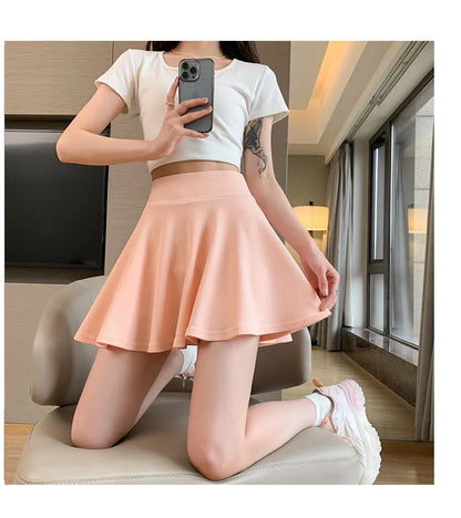 Summer Basic Skirts Women Shorts Mini Elastic Pleated Skirts High Waist Bubble Sun Skirts School Girl Uniform Lined Safety Pants