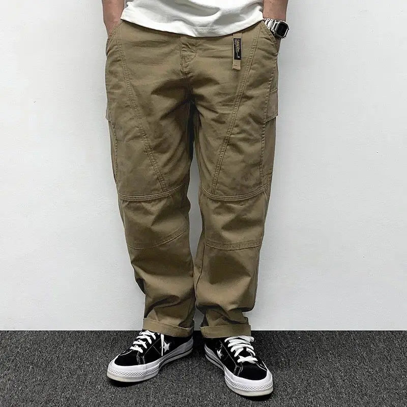 Autumn Men's Pants Multi-Pocket Cargo Pants Retro Solid Color Simple Loose Button Elastic Strap Casual Pants