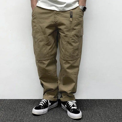Autumn Men's Pants Multi-Pocket Cargo Pants Retro Solid Color Simple Loose Button Elastic Strap Casual Pants