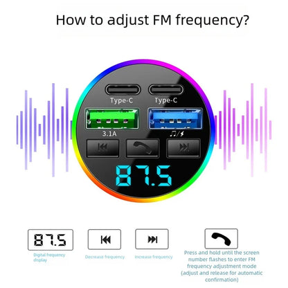 KEBIDUMEI 66W Fast Charge Bluetooth 5.0 FM Transmitter 4 Ports (Dual USB+Type-C) RGB Ambient Light Handsfree Car MP3 Player