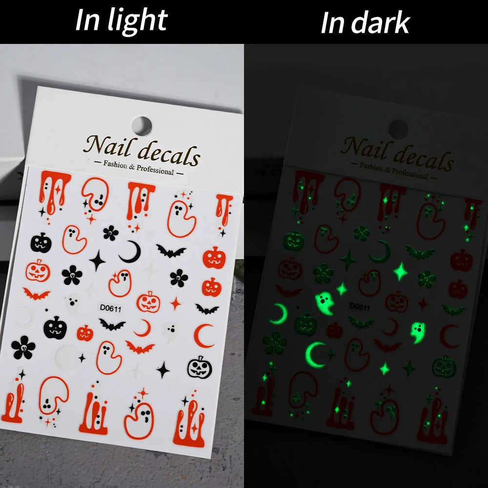 1sheet 5D Halloween Nail Stickers Pink/Green/Black Cartoon Pattern Nail Art Slider DIY For Sweet Cool Girl Cute Nail Decoration