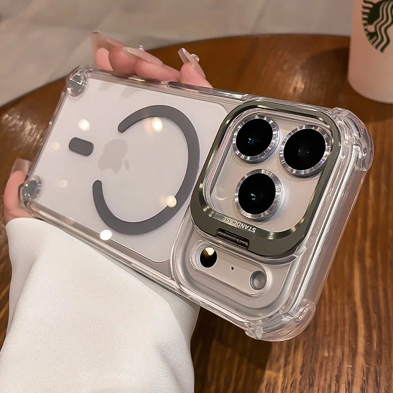 Luxury Transparent Airbag Case For iPhone 17 16 15 14 12 13 Pro Max Plus Air for Magsafe Transparent Camera Stand Holder Cover
