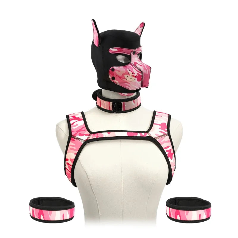 Pet Play Restraint Lingerie Set with Unisex Upper Body Harness Dog Hood Choker for Couple BDSM Fantasy Game Sex Toys