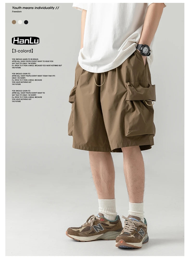2025 Summer New Japanese Style Large Size Thin Shorts Men Loose Knee Cargo Shorts Hip Hop Streetwear Male Short Trousers