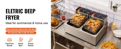 SucceBuy 12L Electric Deep Fryer w/Dual Removable Tanks Commercial Countertop  Fryer for Chicken French Fries Frying Chips
