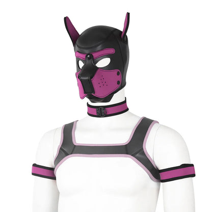 Large Size Puppy Cosplay Neoprene Fetish Hood Mask Kit with Chest Strap Collar Armband Sex Costumes for Bdsm Slave Role Play