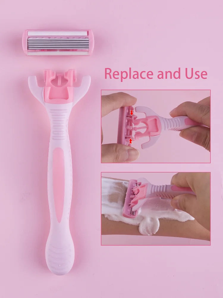 1 Handle + 12 / 17 Blades/ Men Women Manual Safety razor 6-Layer Stainless Steel Hair Removal Shaving Replaceable Shaver Head