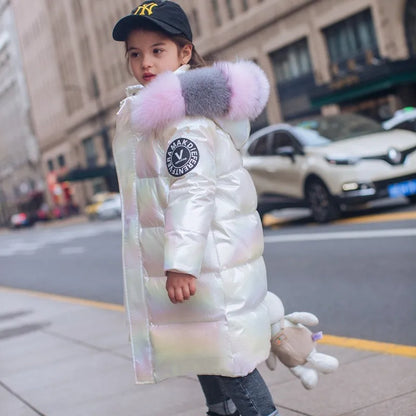 Winter Girls Shiny Hooded Down Jacket Fur Collar Windproof Coat Teenage Outerwear Kids Parka Snowsuit Clothing New 5-14 Years