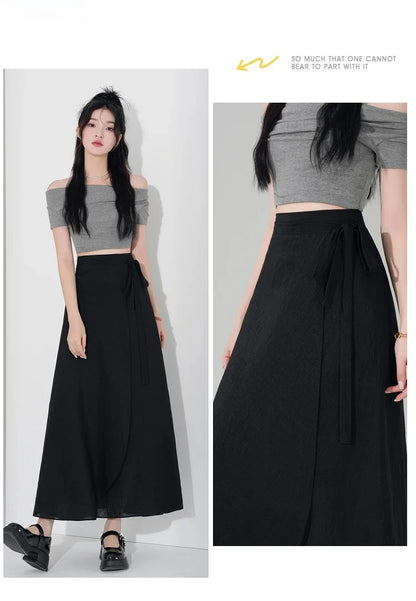 Chic Korea Clothes Summer Women Cute Sweet GIrls Solid Robe Holiday Date High Waist Retro Vintage Wrap One-Piece Lace-Up Skirts