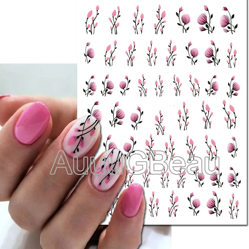 3d Nail Art Decals Watercolor Florals Purple Green Pink Flowers Leafs Fruit Adhesive Sliders Nail Stickers For Manicure