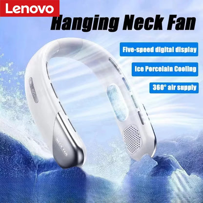 Lenovo Neck Fan 5 Speed Adjustable Bladeless Silent Neck Hanging Fan USB Rechargeable LED Digital Display Ice Refrigeration Fan