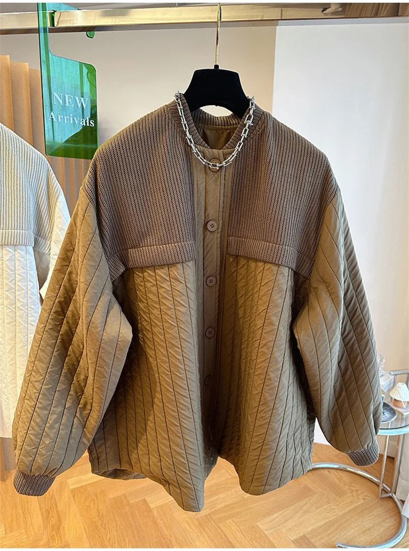 Women Autumn Advanced Design Sense, Niche Loose Casual Knit Stitching, Striped Cotton Coat Winter Light Thin Small Cotton Jacket