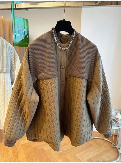 Women Autumn Advanced Design Sense, Niche Loose Casual Knit Stitching, Striped Cotton Coat Winter Light Thin Small Cotton Jacket
