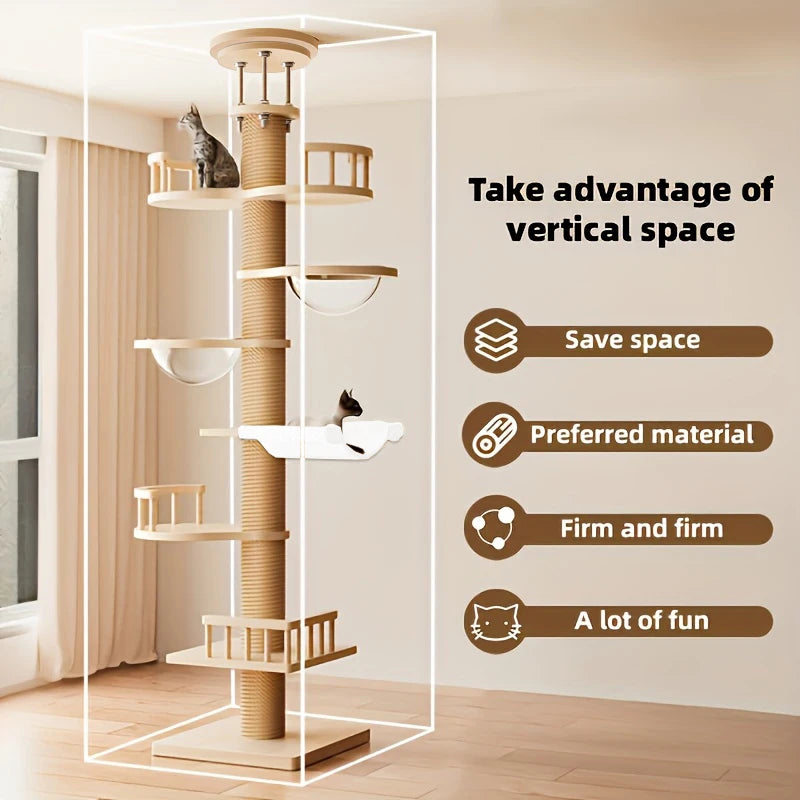 1PC Floor-to-Ceiling Sisal Cat Tree, Multi-Level Design with Hammock, Space Capsule & Observation Perch, Indoor Cat Toy