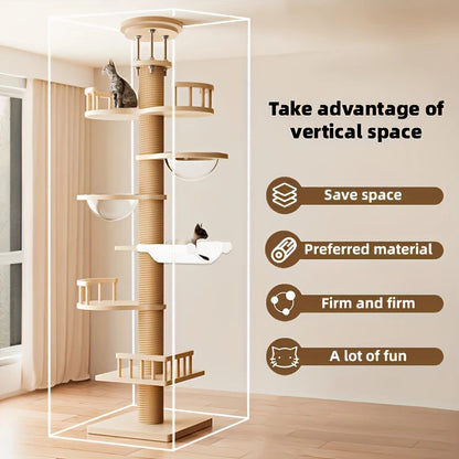1PC Floor-to-Ceiling Sisal Cat Tree, Multi-Level Design with Hammock, Space Capsule & Observation Perch, Indoor Cat Toy