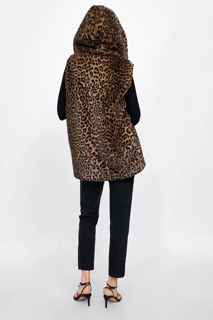 Leopard Hooded Faux Fur Vest Women 2022 New Designed Body Warmer Ladies Luxury Winter Furry Artificial Rabbit Coats Outwear 5XL
