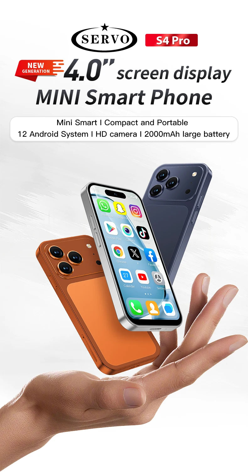 SERVO 4G LTE Mini Smart Mobile Phone Android12.0 OS 2GB+16GB WhatsAPP Play Store WiFi Dual SIM Standby 4.0inch Pocket Smartphone