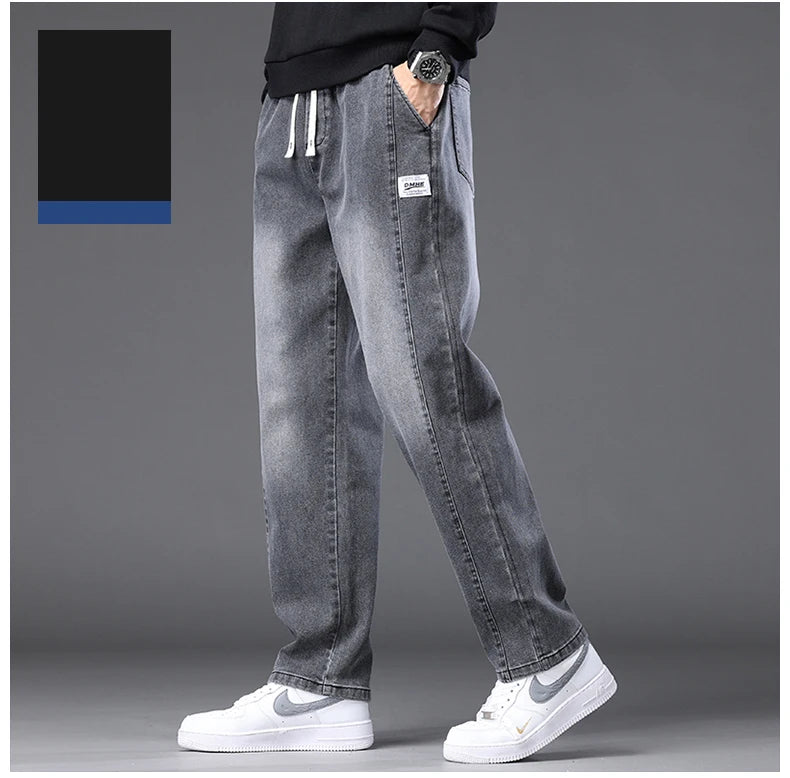 Autumn Winter Blue Jeans Men Drawstring Elastic Waist Cotton Cargo Denim Pants Work Fashion Thick Trousers Male Plus Size M-4XL