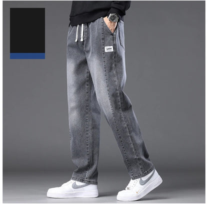 Autumn Winter Blue Jeans Men Drawstring Elastic Waist Cotton Cargo Denim Pants Work Fashion Thick Trousers Male Plus Size M-4XL
