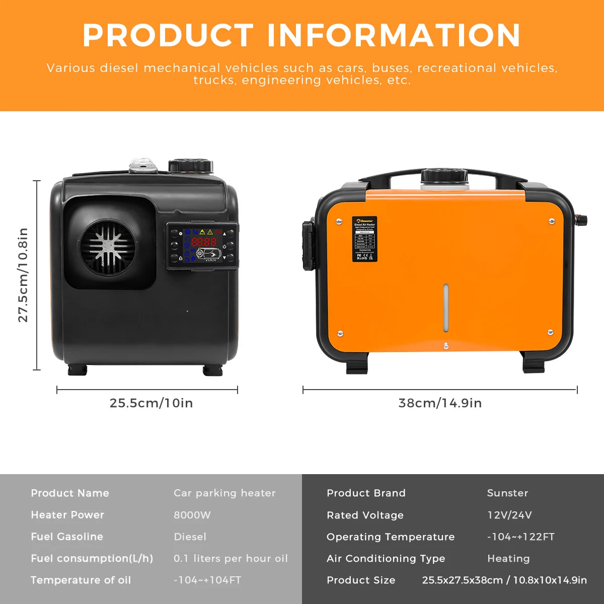 Sunster Diesel Air Heater 8KW 12V 24V Sound Dampeners LCD Switch Car Parking Heater For Car Trailer Truck Diesel Parking Heater