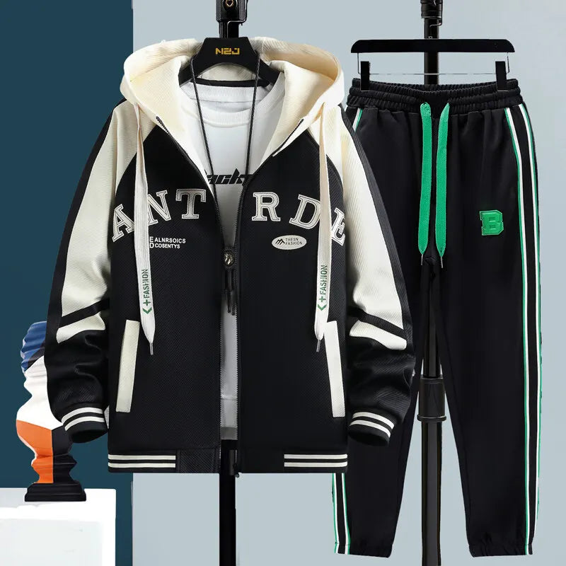 High Quality Running 2 Piece Set Hooded Jacket+Sweatpants Cardigan Long Sleeve Casual Tracksuit Men Sport Brand Clothing Suit