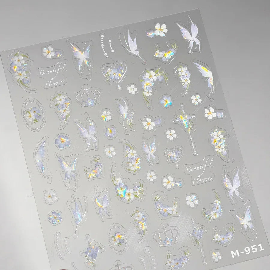 Shiny Jelly Butterfly Charming Golden Gradient Bowknot 5D Self Adhesive Nail Art Sticker Flower Petal Rhinestone Manicure Decals