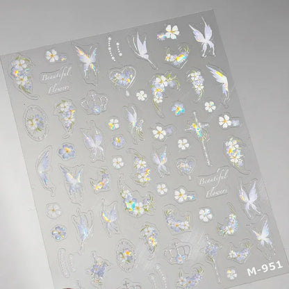 Shiny Jelly Butterfly Charming Golden Gradient Bowknot 5D Self Adhesive Nail Art Sticker Flower Petal Rhinestone Manicure Decals