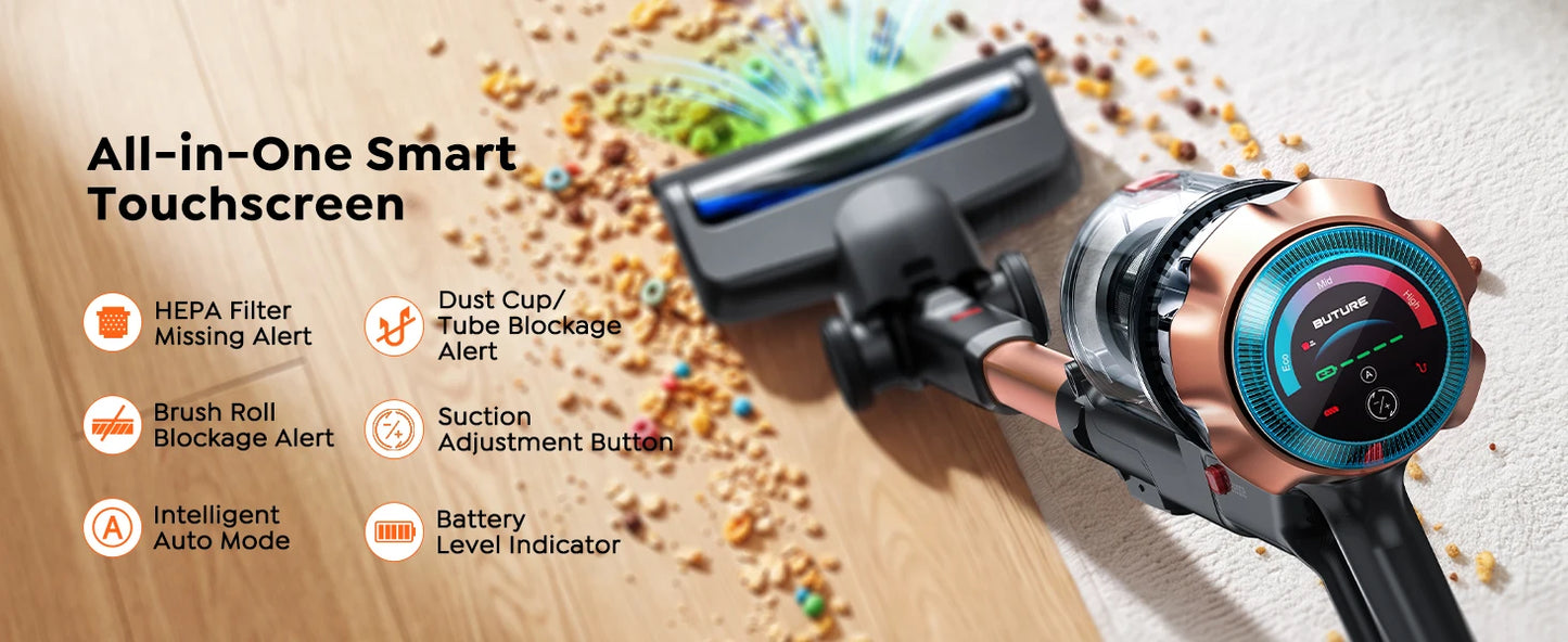 BUTURE S20 Cordless Vacuum Cleaner, 75KPa 650W Powerful Suction, 90 Min Runtime, Freestanding Charging Dock, Removable Battery, Smart Display Stick Vacuum for Pet Hair, Carpets and Hard Floors