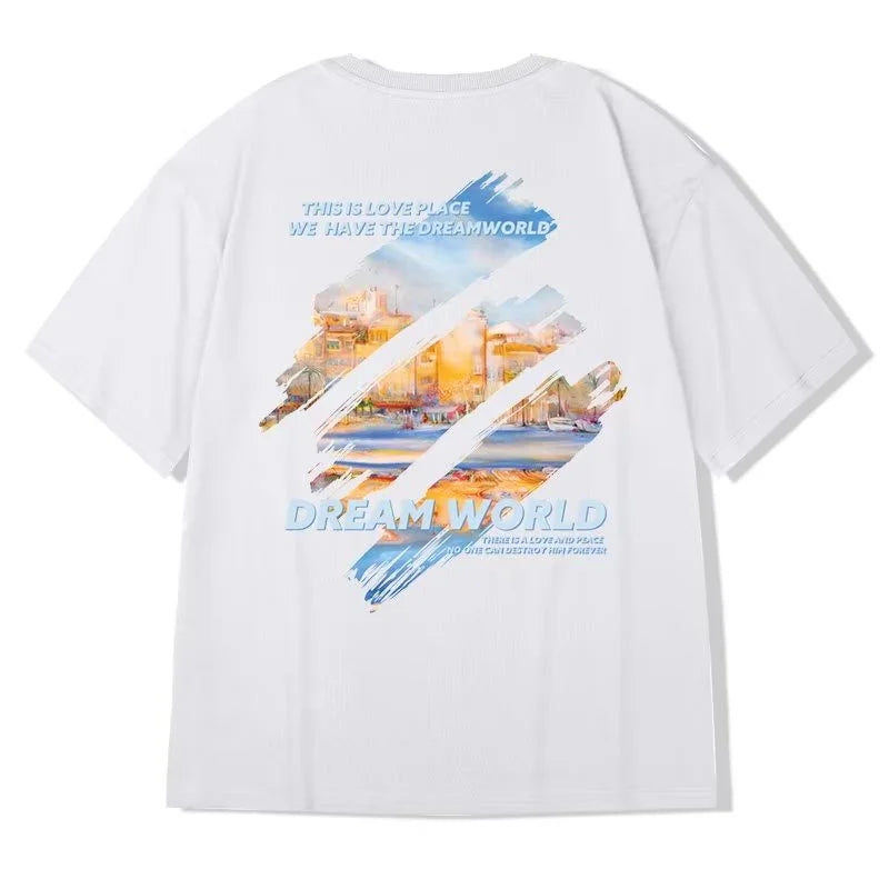 M-8XL 2026 NewPainting Print Round Neck Short Sleeve T-shirt for Men and Women Large Loose Casual Five Quarter Sleeved Top