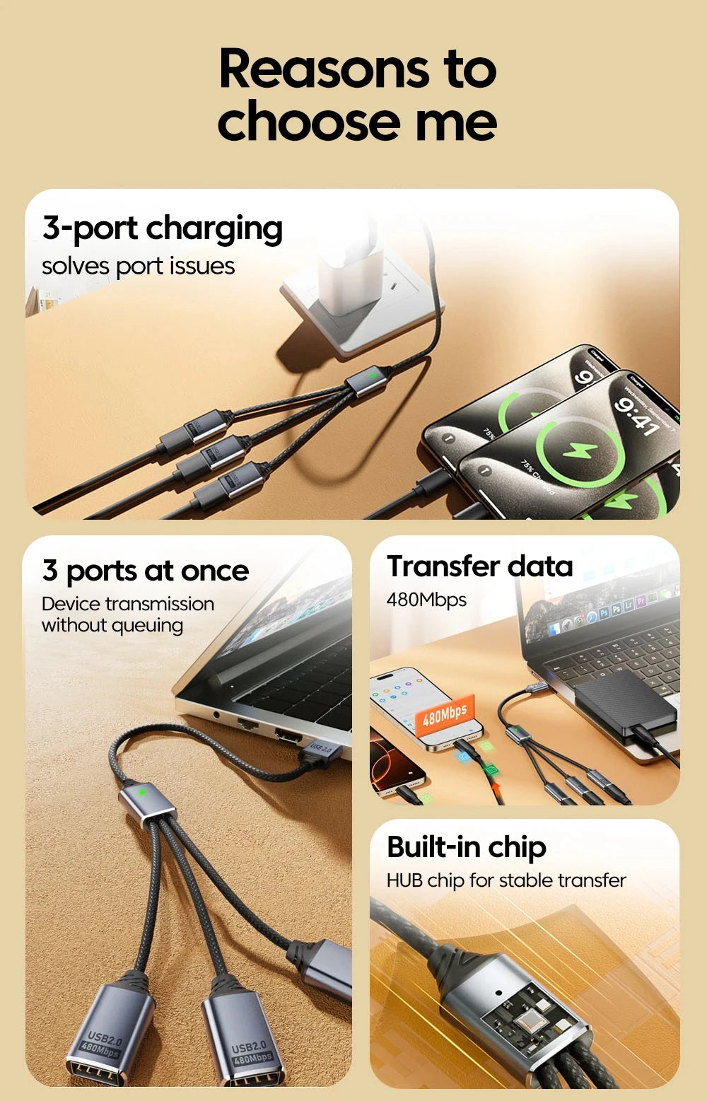 NNBILI Multi USB Hub Extensions 3 Port USB A Hub Type C Splitter Fast Data Transmission OTG Adapter For Computer Macbook Pro Air