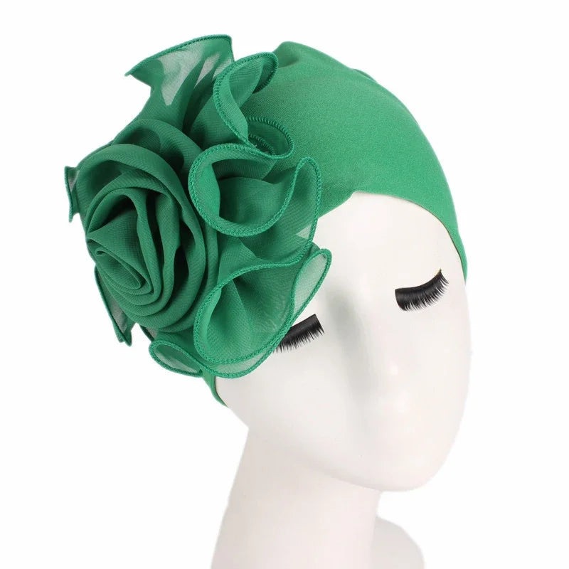 Fashion Women Big Flower Turban Hat Solid Color Elastic Cloth Head Cap Muslim Head Wraps Caps Lady Bandana Hair Accessories