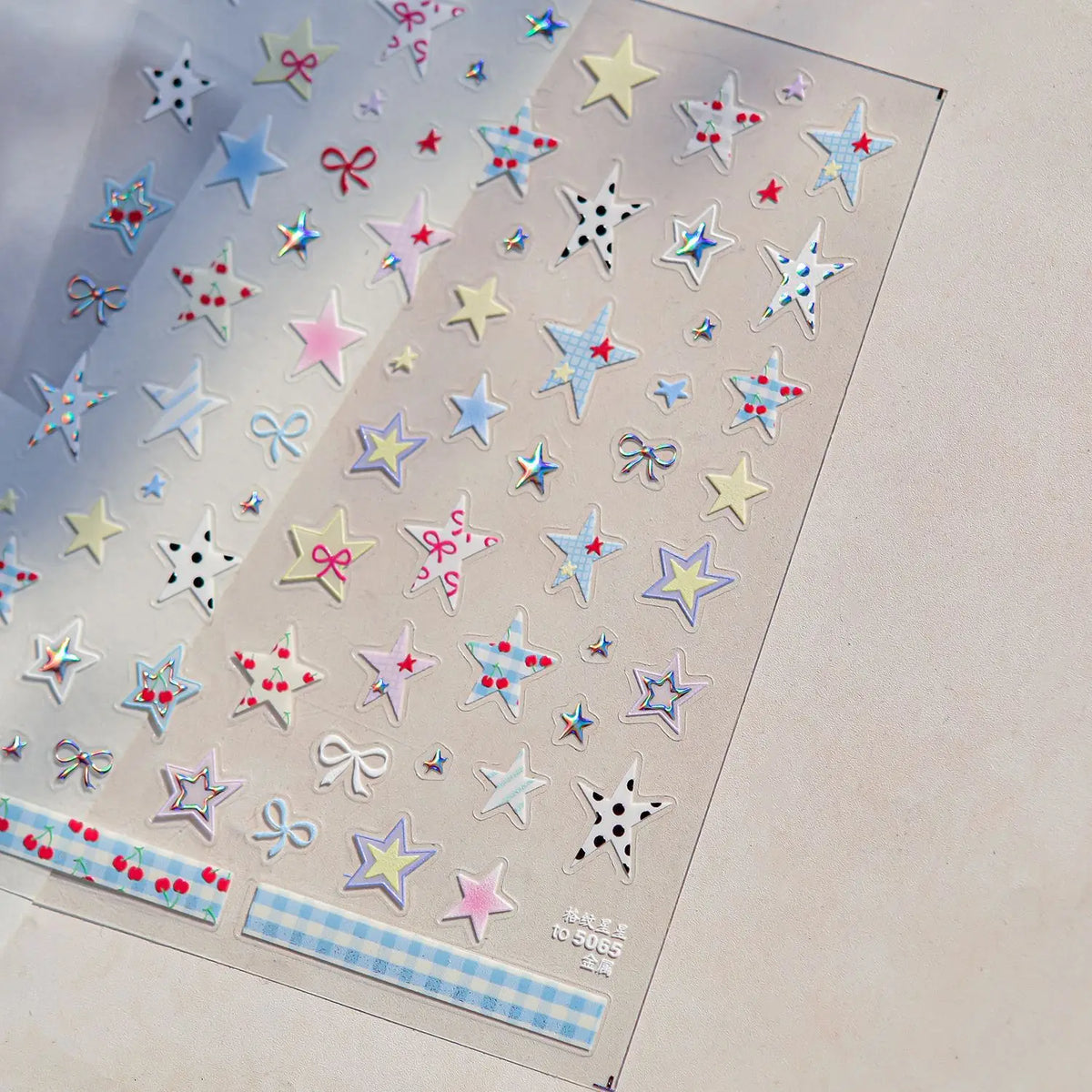Grid Patterned Star Bowknot Cherry Polka Dot Line Colorful Geometric Five-pointed Star Adhesive Nail Art Sticker Manicure Decal
