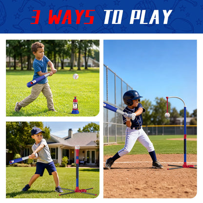 3 In 1 Kids Baseball Toy Set, With Hanging Ball Holder/Standing T-BALL/Auto Launcher/6 Baseballs, Adjustable Height Baseball Set Indoor Outdoor Sports Gift Toy Birthday Halloween Christmas Gift