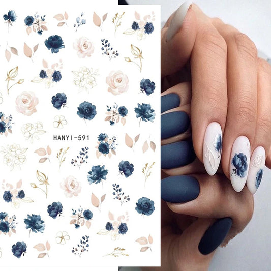 3d Nail Art Decals Elegant White RoyalBlue Roses Flowers Adhesive Sliders Nail Stickers Decoration For Nail Manicure
