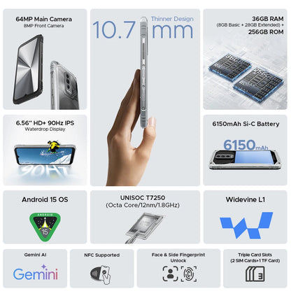 DOOGEE Blade10 Ultra Energy Rugged Phone Gemini AI 10.7mm Ultra-thin 6150mAh Battery Android 15 Widevine L1 Smartphone NFC