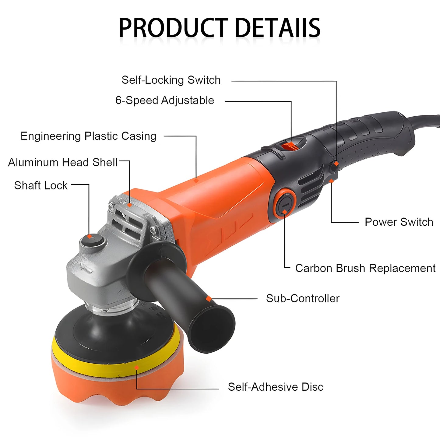 Podofo 8800RPM  Rotary Car Buffer Polisher Waxer 1200W Car Polisher with 14 Sponge Wheels Detachable Handle Perfect for Boat Car Polishing and Waxing
